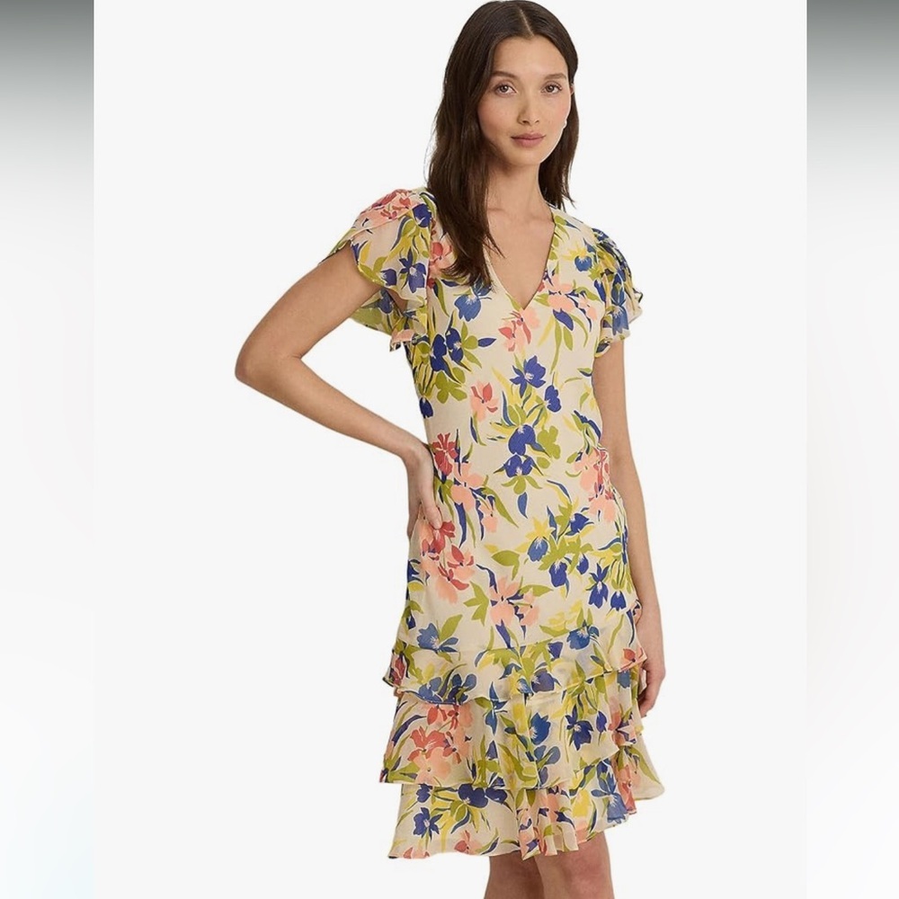 Ralph Lauren Floral Colorful Georgette Drop-Waist Dress Size 4 - Picture 2 of 14
